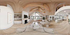 AJ7709-A Modern Barndominium House Great Room Panorama, 2 Bedrooms, 2 Bathrooms | Plan 1058 