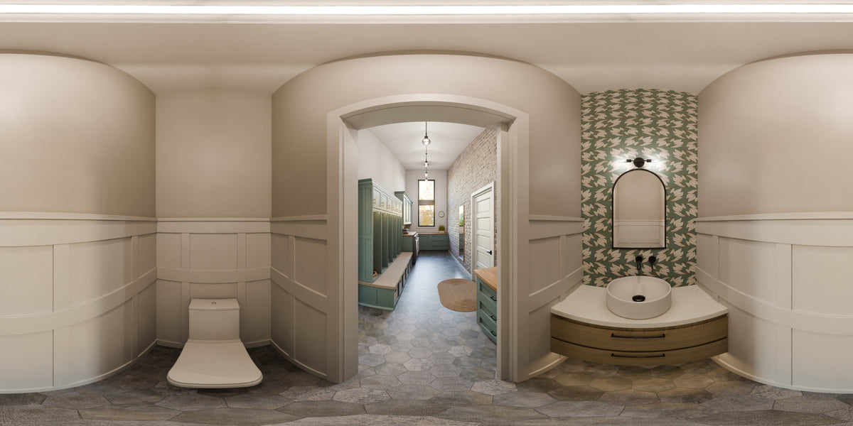 AJ7705-A Contemporary House Powder Room Panorama, 1 Bedroom, 1.5 Bathroom | Plan 1052 