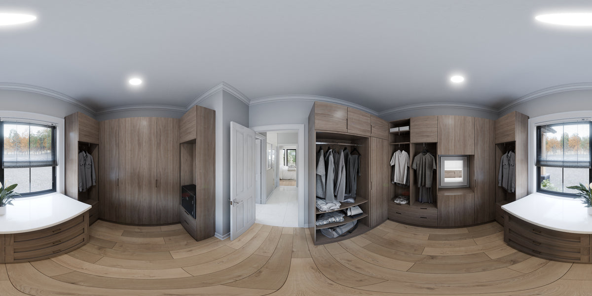 AJ7709-A Modern Barndominium House Walk-in Closet Panorama, 2 Bedrooms, 2 Bathrooms | Plan 1058 