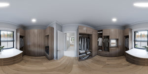 AJ7709-A Modern Barndominium House Walk-in Closet Panorama, 2 Bedrooms, 2 Bathrooms | Plan 1058 