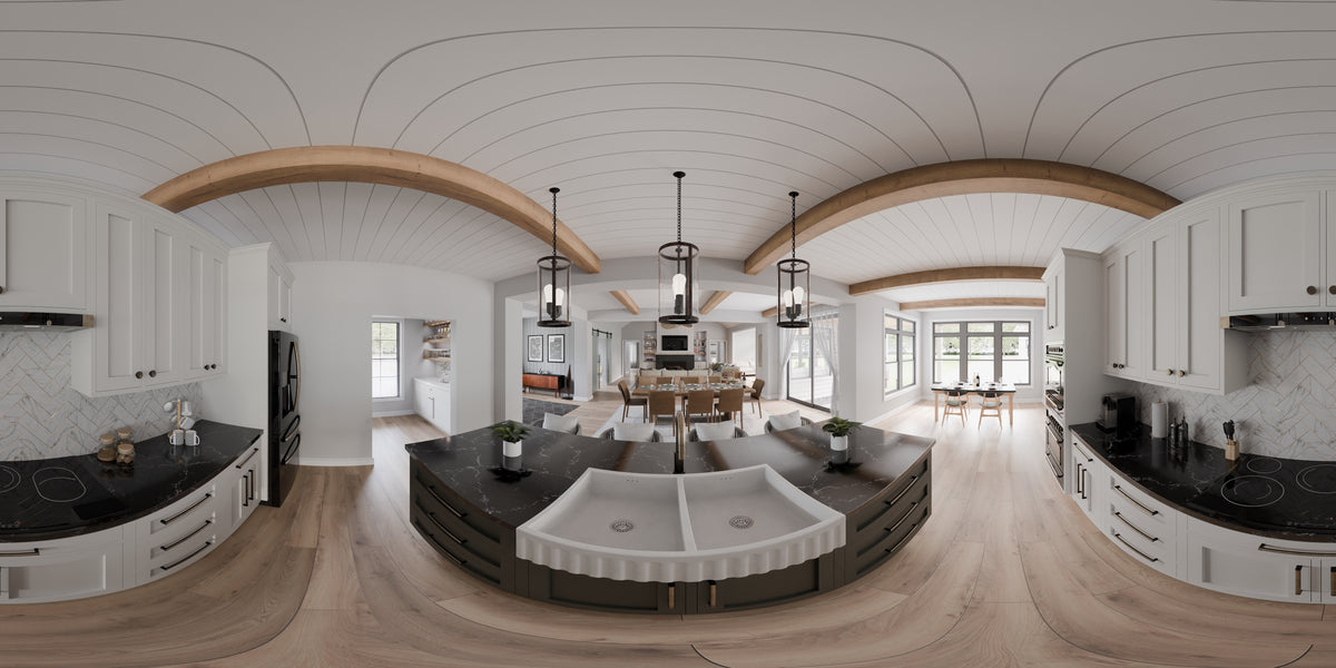 AJ7679-A Modern Farmhouse Kitchen Panorama, 4 Bedrooms, 3.5 Bathrooms | Plan 1011 