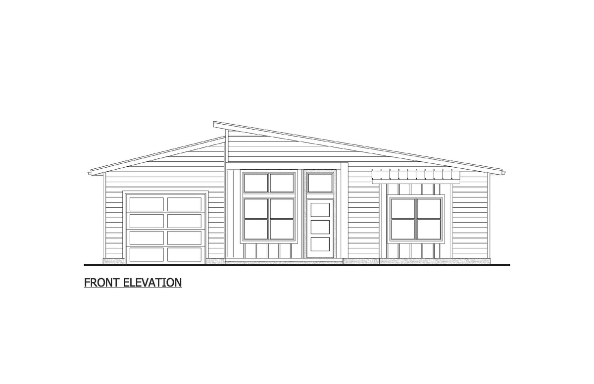 AJ7728-A Contemporary House Front Elevation, 3 Bedrooms, 2 Bathrooms | Plan 1055  