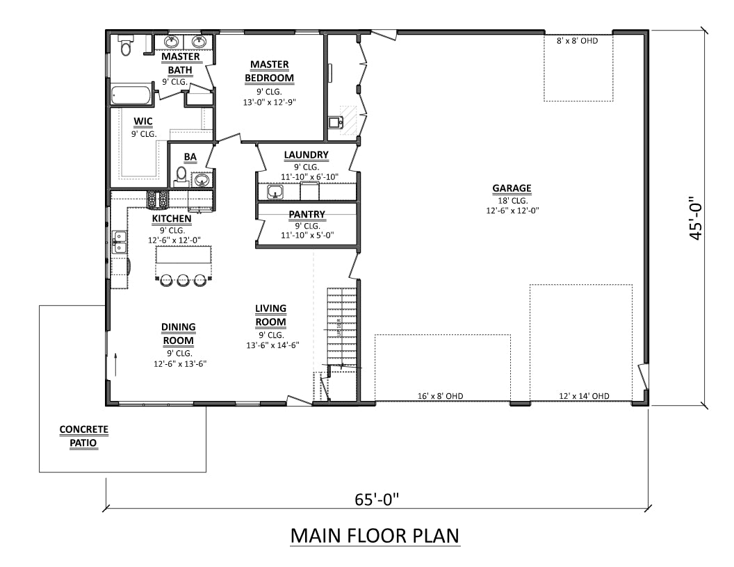 AJ7694-A Barndominium House First Floor Plan, 3 Bedrooms, 2.5 Bathrooms | Plan 1036 