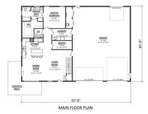 AJ7694-A Barndominium House First Floor Plan, 3 Bedrooms, 2.5 Bathrooms | Plan 1036 