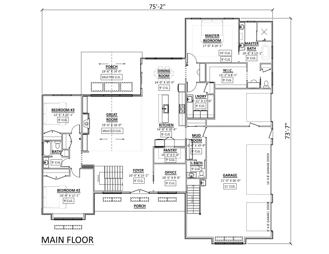 AJ7698-A Modern Farmhouse First Floor Plan, 3 Bedrooms, 2.5 Bathrooms | Plan 1042 