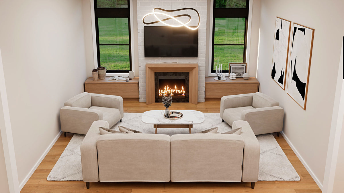 AJ7728-A Contemporary House Great Room, 3 Bedrooms, 2 Bathrooms | Plan 1055 