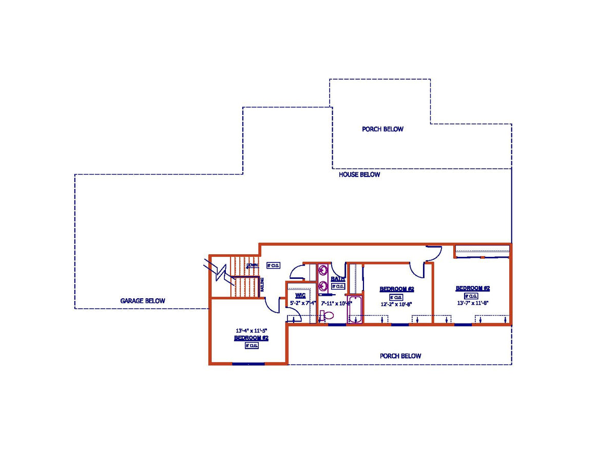 AJ7673-A Modern Farmhouse Second Floor Plan, 4 Bedrooms, 2.5 Bathrooms | Plan 1007 
