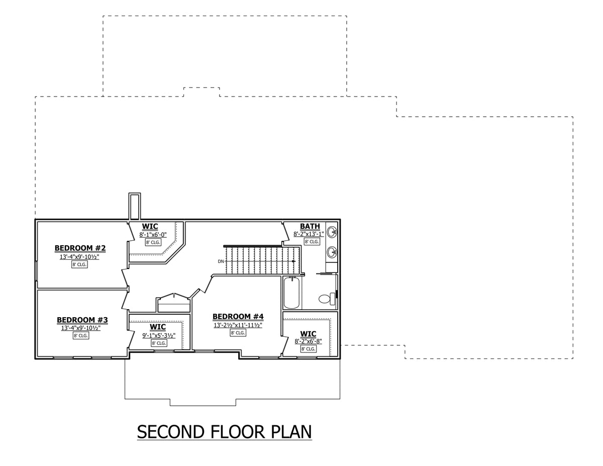 AJ7682-A Modern Farmhouse Second Floor Plan, 4 Bedrooms, 2.5 Bathrooms | Plan 1016
