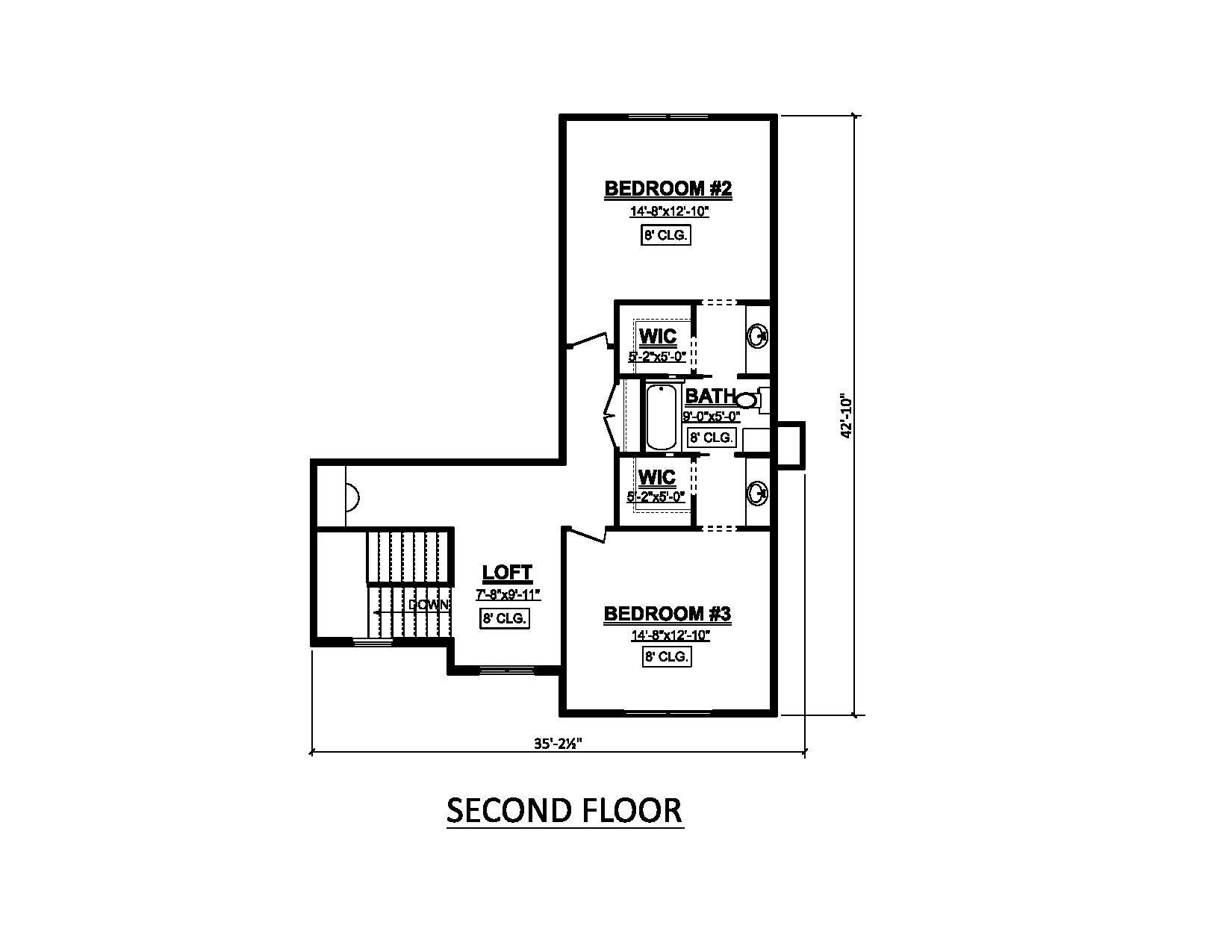 AJ7691-A Country House Second Floor Plan, 3 Bedrooms, 2.5 Bathrooms | Plan 1021 