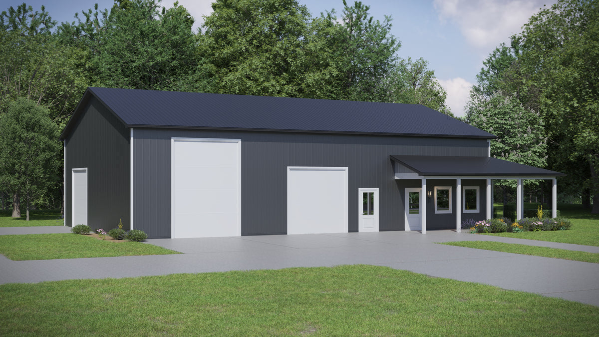 Versatile Barndominium Garage with Expansive Wraparound Porch Design
