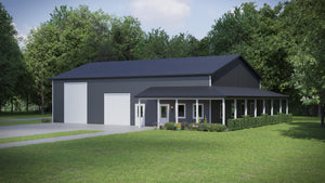 Versatile Barndominium Garage with Expansive Wraparound Porch Design
