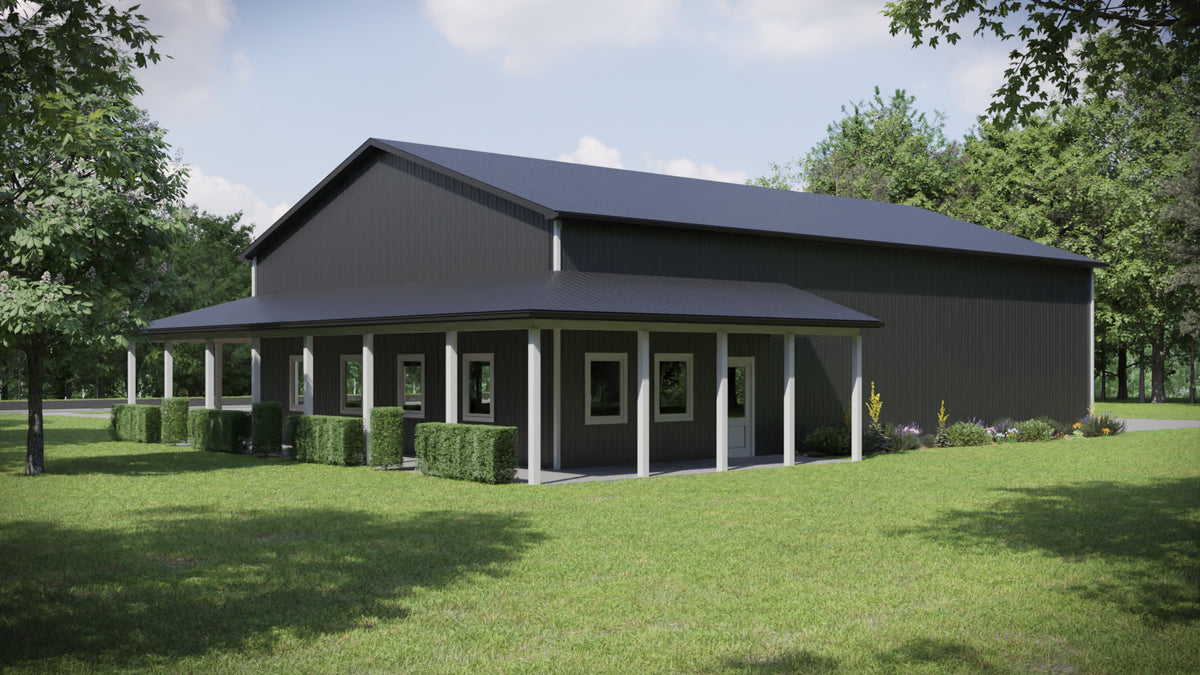 Versatile Barndominium Garage with Expansive Wraparound Porch Design