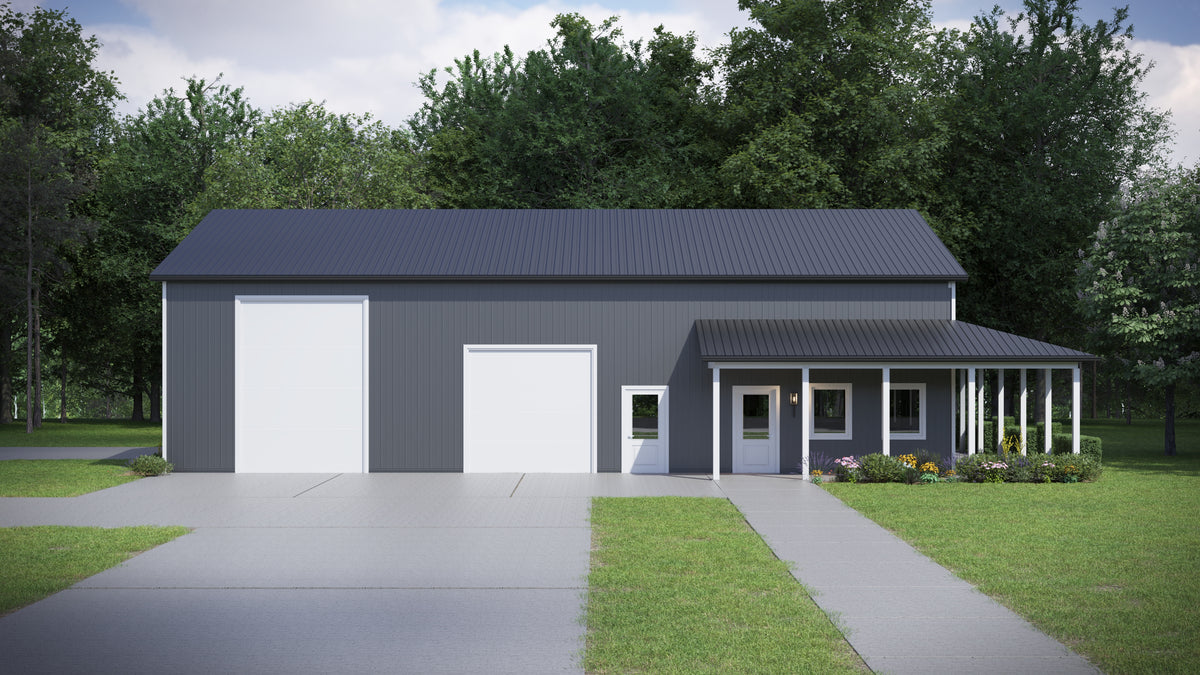 Versatile Barndominium Garage with Expansive Wraparound Porch Design