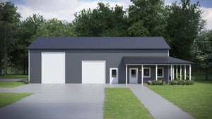 Versatile Barndominium Garage with Expansive Wraparound Porch Design