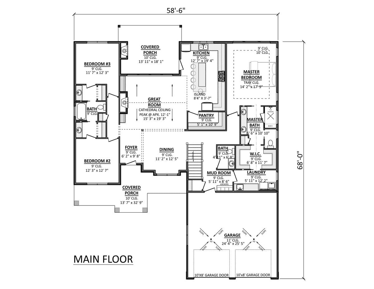 AJ7716-A Craftsman Ranch House First Floor Plan, 3 Bedrooms, 2.5 Bathrooms | Plan 1061 
