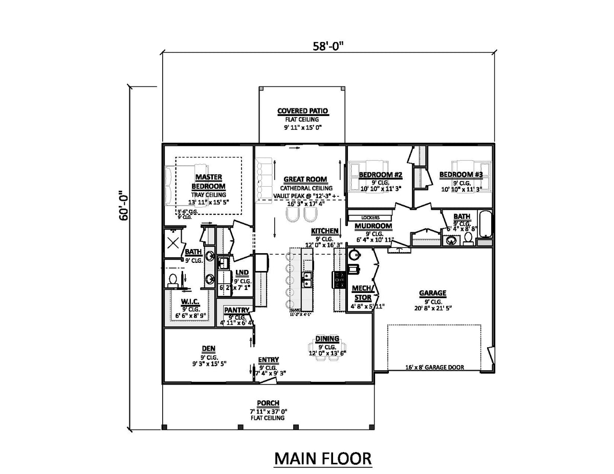 AJ7727-A Modern Farmhouse First Floor Plan, 3 Bedrooms, 2 Bathrooms | Plan 1064 