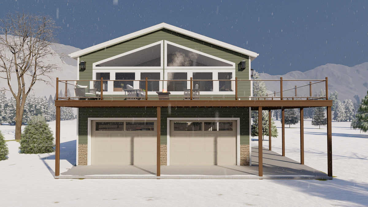 Two-Bedroom Garage Apartment Plan with 6-Car Garage and Deck