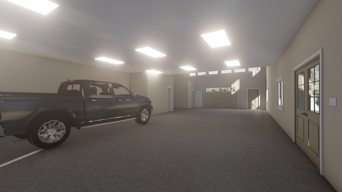 Two-Bedroom Garage Apartment Plan with 6-Car Garage and Deck