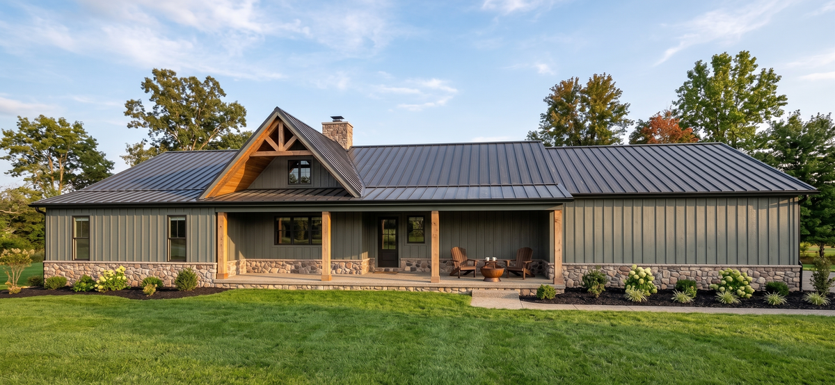 AE8384-A Barndominium Farmhouse, 5 Bedrooms, 3.5 Bathrooms | Willow Ridge House Plan Exterior-2