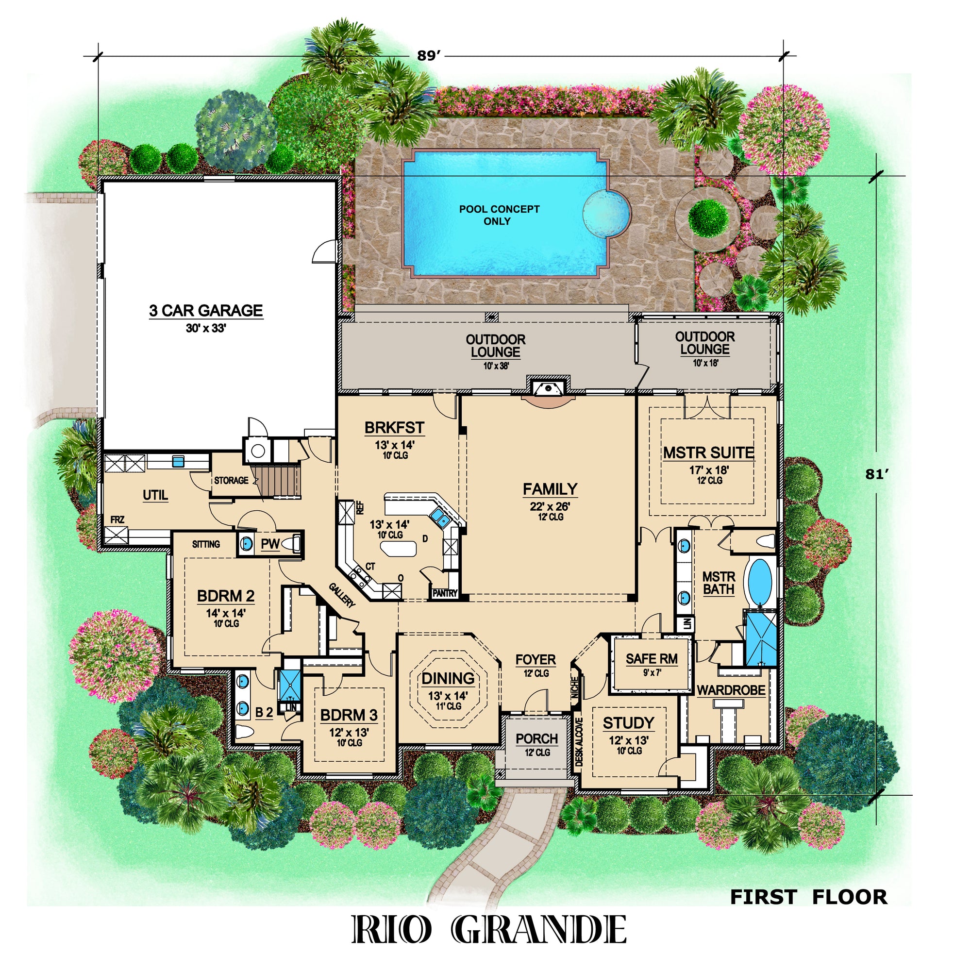 F7843-A Tudor House First Floor Plan, 3 Bedrooms, 2.5 Bathrooms | Rio Grande 
