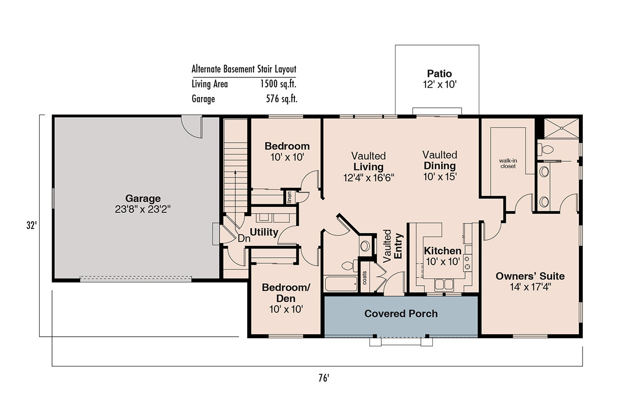 AM8112-A Ranch House Basement Stair Location Floor Plan, 3 Bedrooms, 2 Bathrooms | Mackay House Plan 