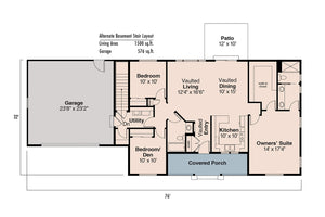 AM8112-A Ranch House Basement Stair Location Floor Plan, 3 Bedrooms, 2 Bathrooms | Mackay House Plan 