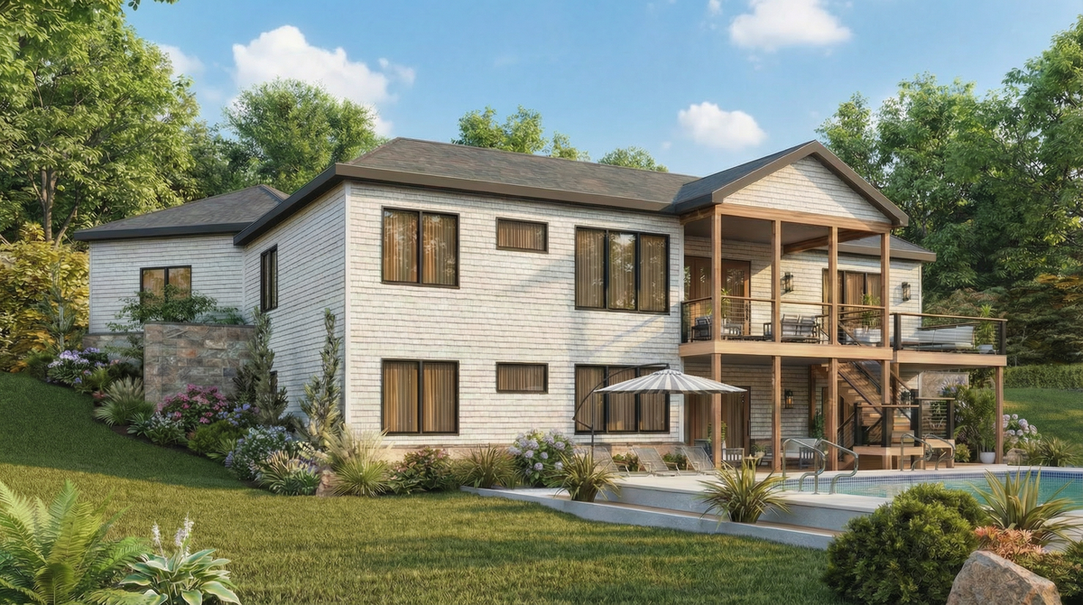 Urban Ridge Contemporary House Plan 3 Beds, 2 Bath Rear Exterior