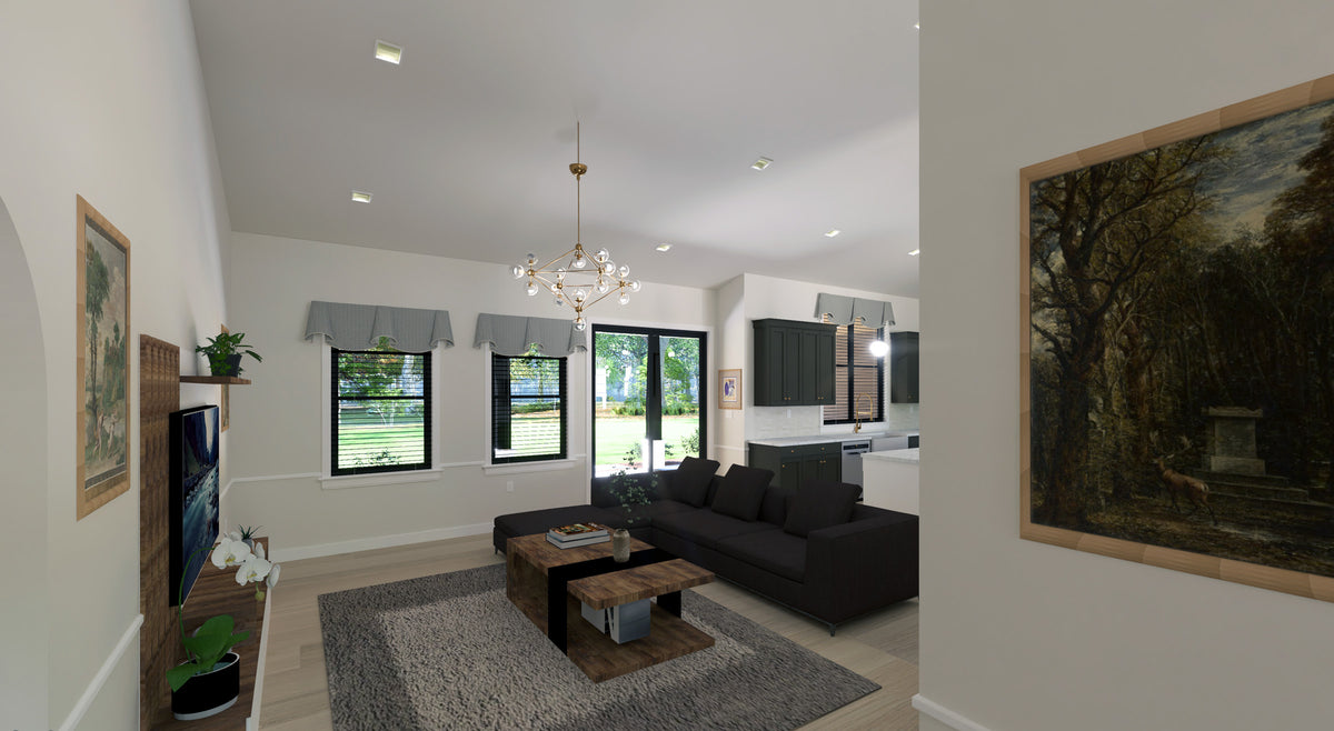 Modern 4-Bedroom Ranch Home Plan with Two-Story Grand Room – 2,919 Sq Ft