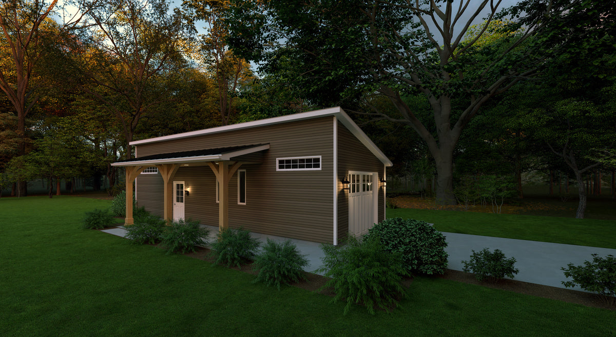 1-Car Garage with Workshop and Covered Porch – Compact Design