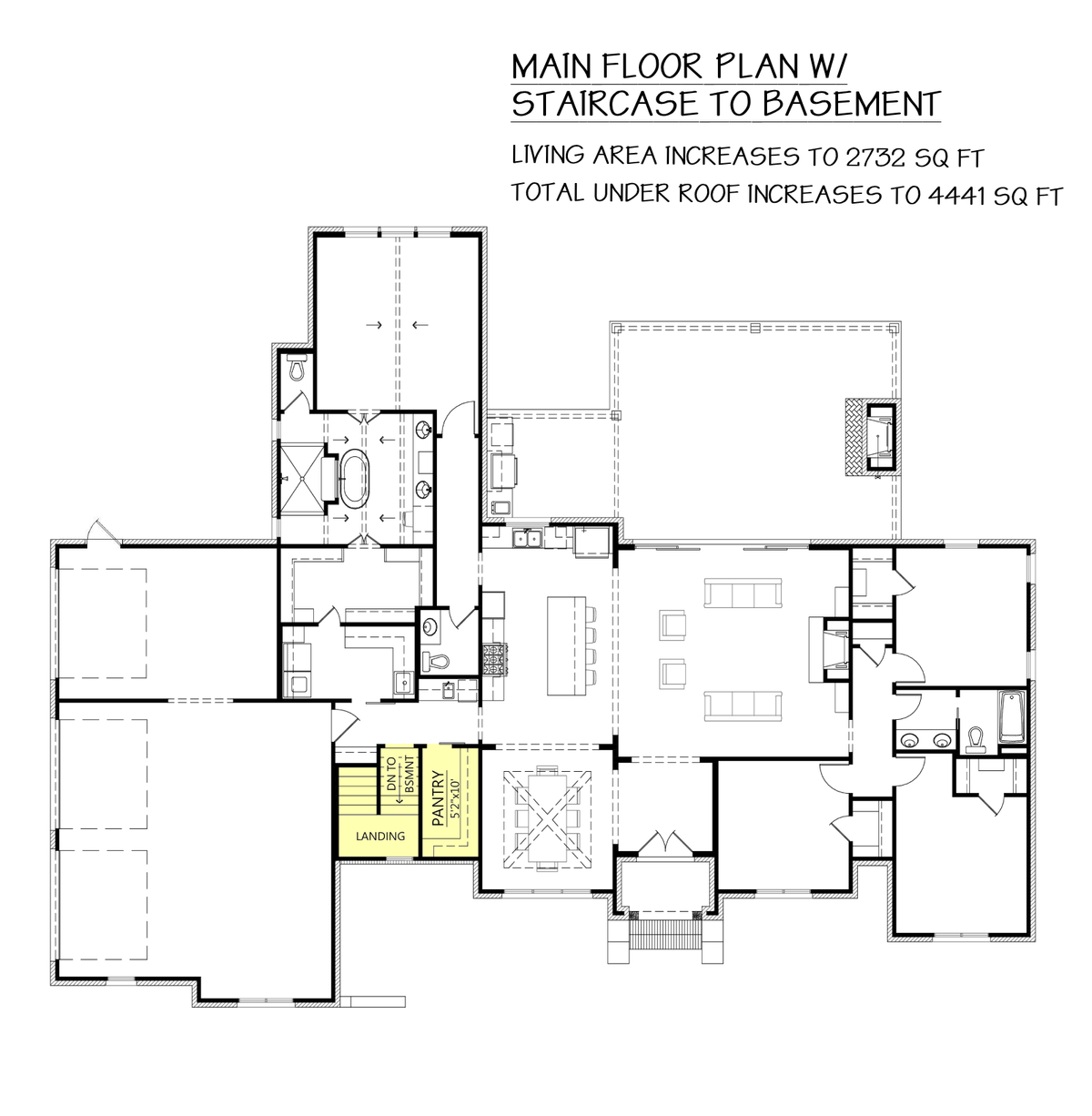 Rosebud First Floor Plan with Staircase to Basement