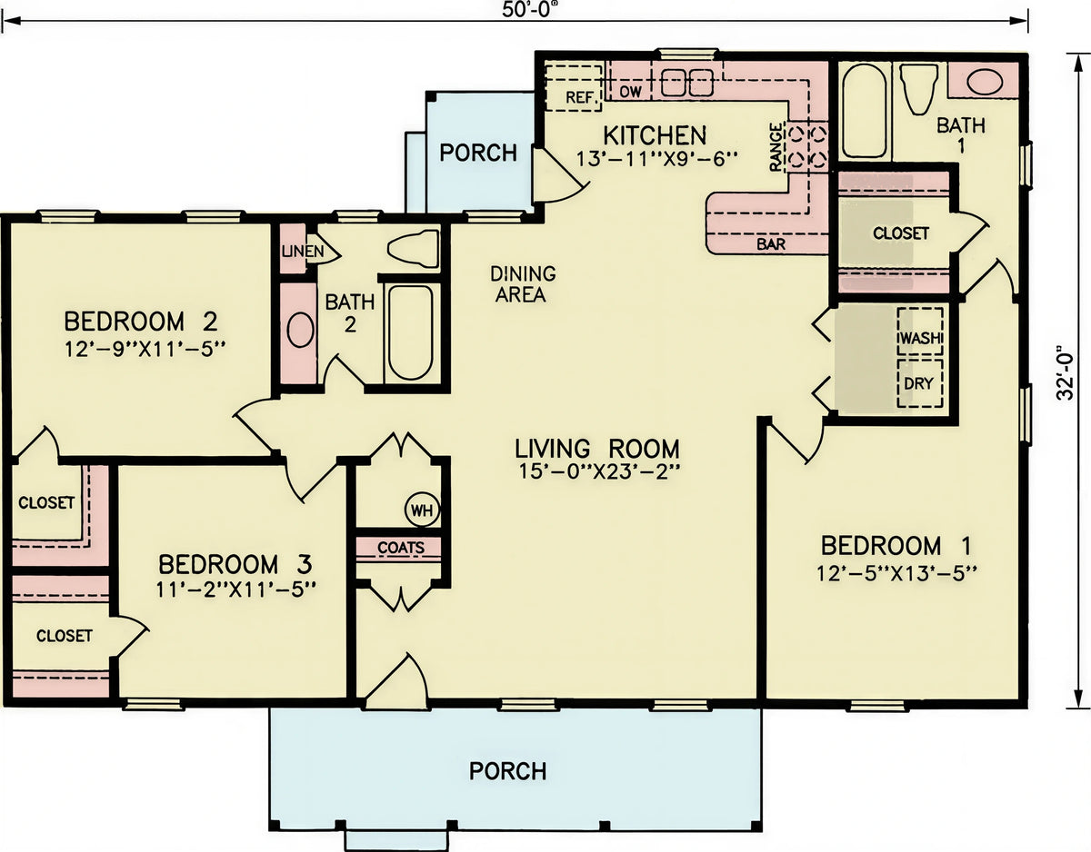 ST25085 Corona Traditional Style House Plan, 3 Bedrooms 2 Bathrooms  Main Floor Plan
