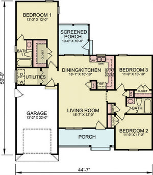 ST25088 Fabian 3 Bedrooms, 2 Bathrooms, One Story Ranch House Main Floor Plan