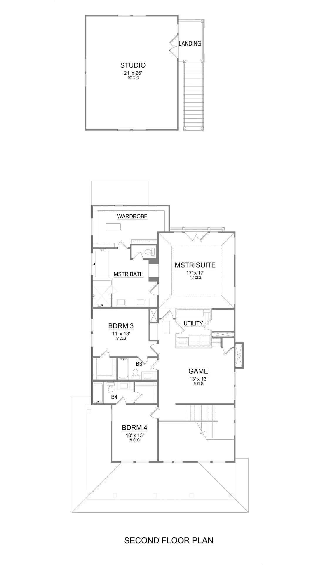 F7493-A Craftsman House Second Floor Plan, 4 Bed, 4.5 Bath | Steiner Street House Plan 