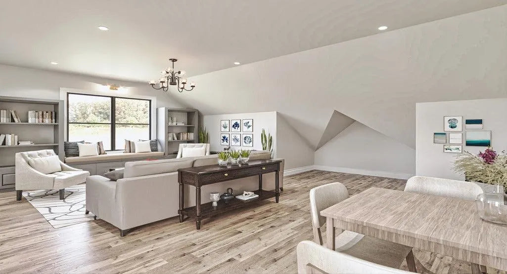 living room attic of garage plan