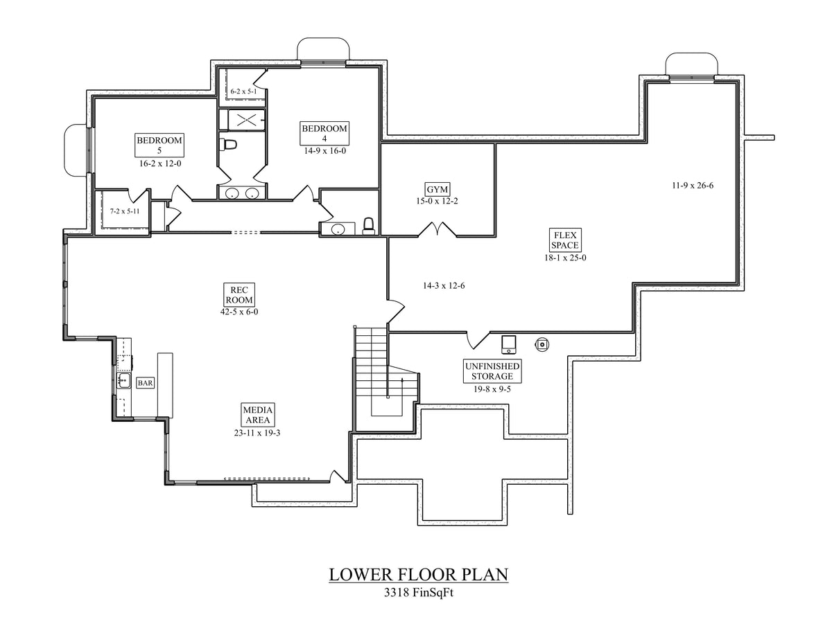 I8352-A Modern Mountain House Basement Floor Plan, 3 Bedrooms, 3.5 Bathrooms | Falcone Valley House Plan 