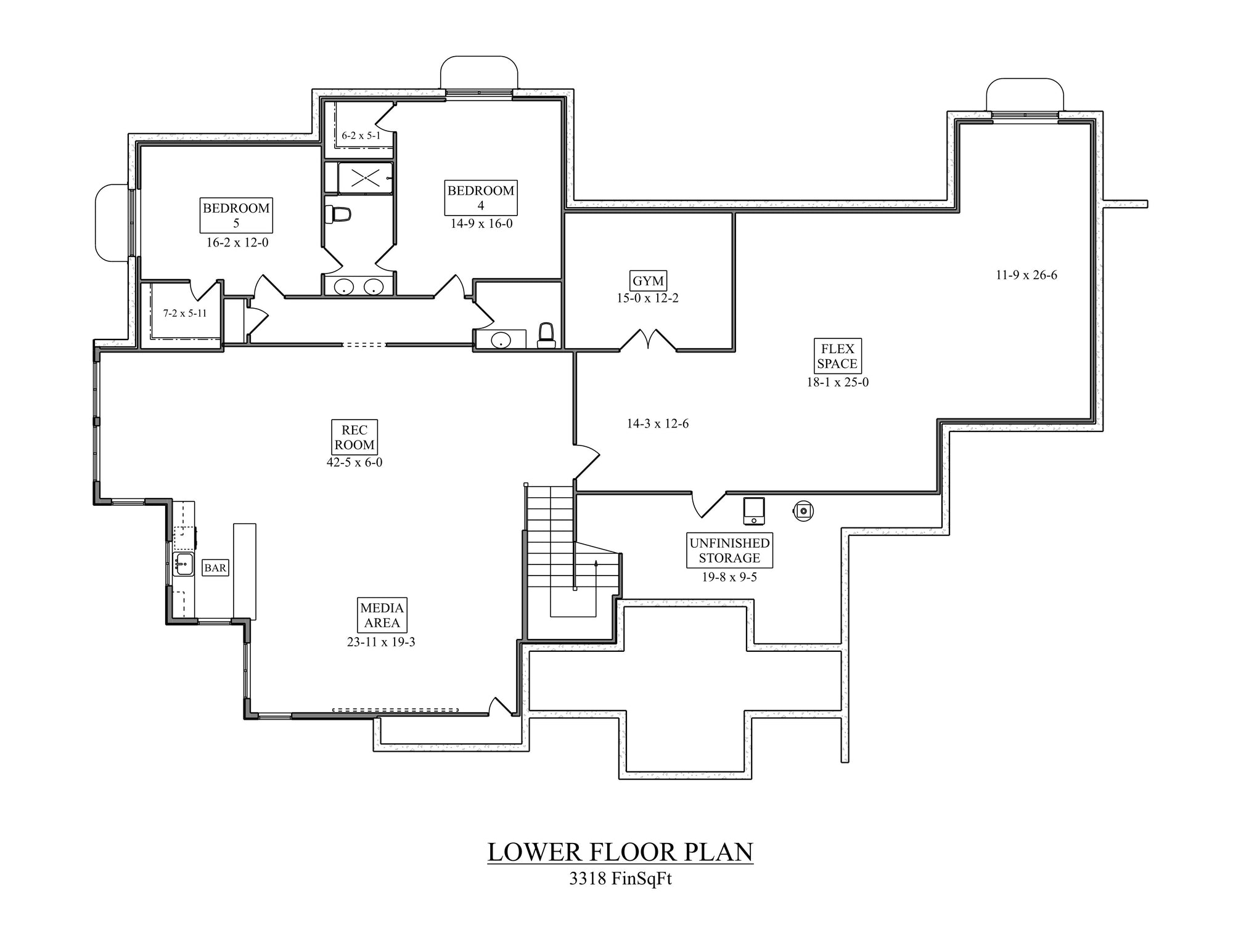 I8352-A Modern Mountain House Basement Floor Plan, 3 Bedrooms, 3.5 Bathrooms | Falcone Valley House Plan 