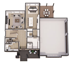 D7342-A The Raven House 3D First Floor Plan  4 Beds 3.5 Baths