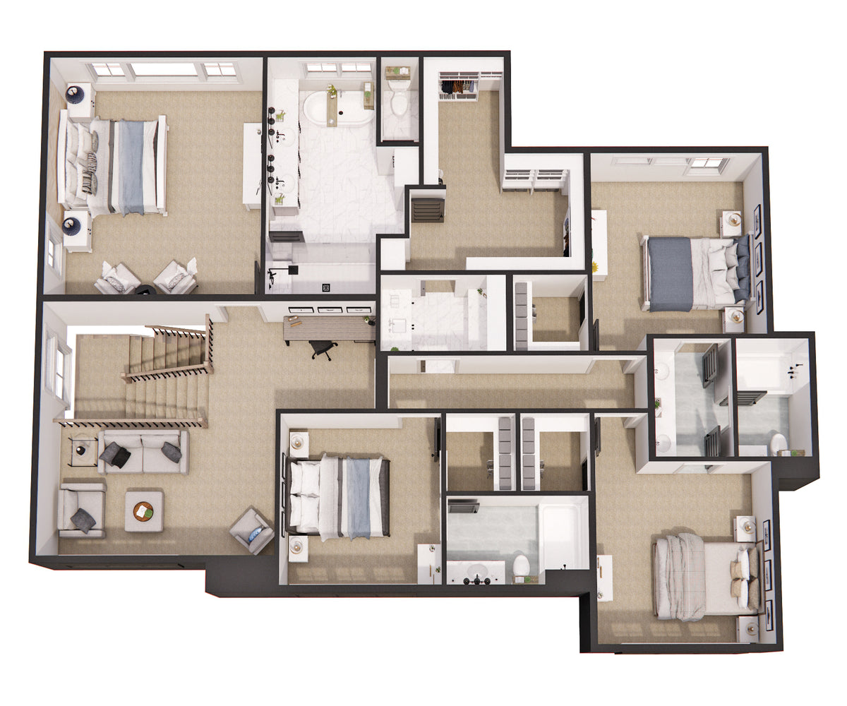 D7342-A The Raven House 3D Second Floor Plan 4 Beds 3.5 Baths