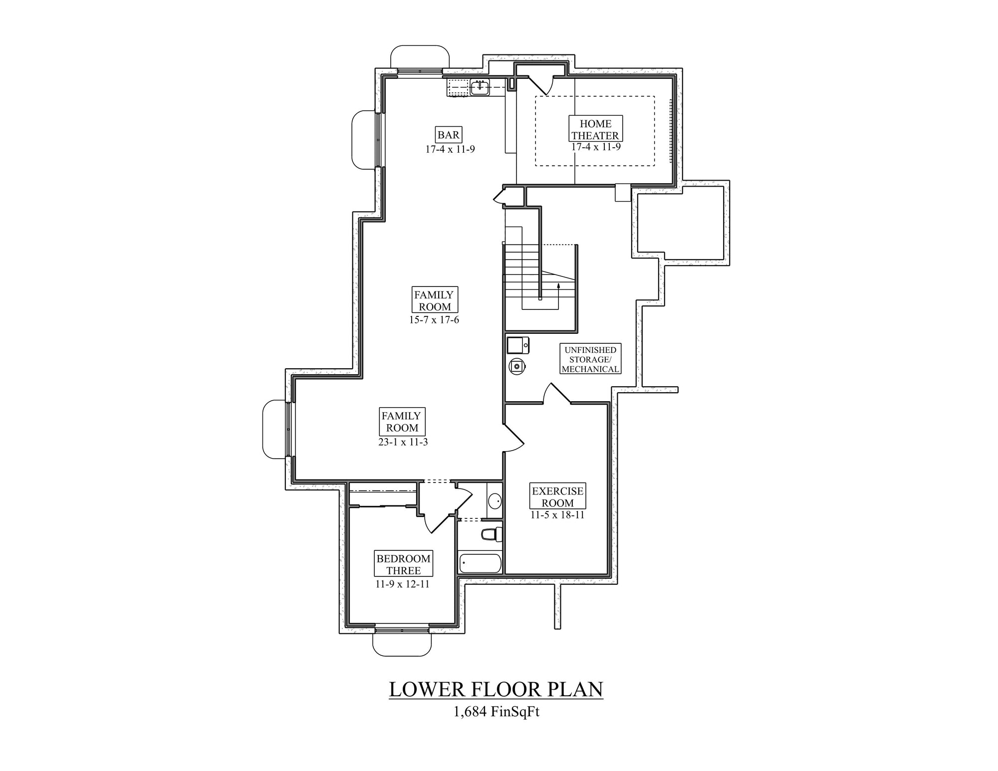 I8369-A Ranch House Basement Floor Plan, 3 to 4 Bedrooms, 2.5 Bathrooms | Redmill House Plan 