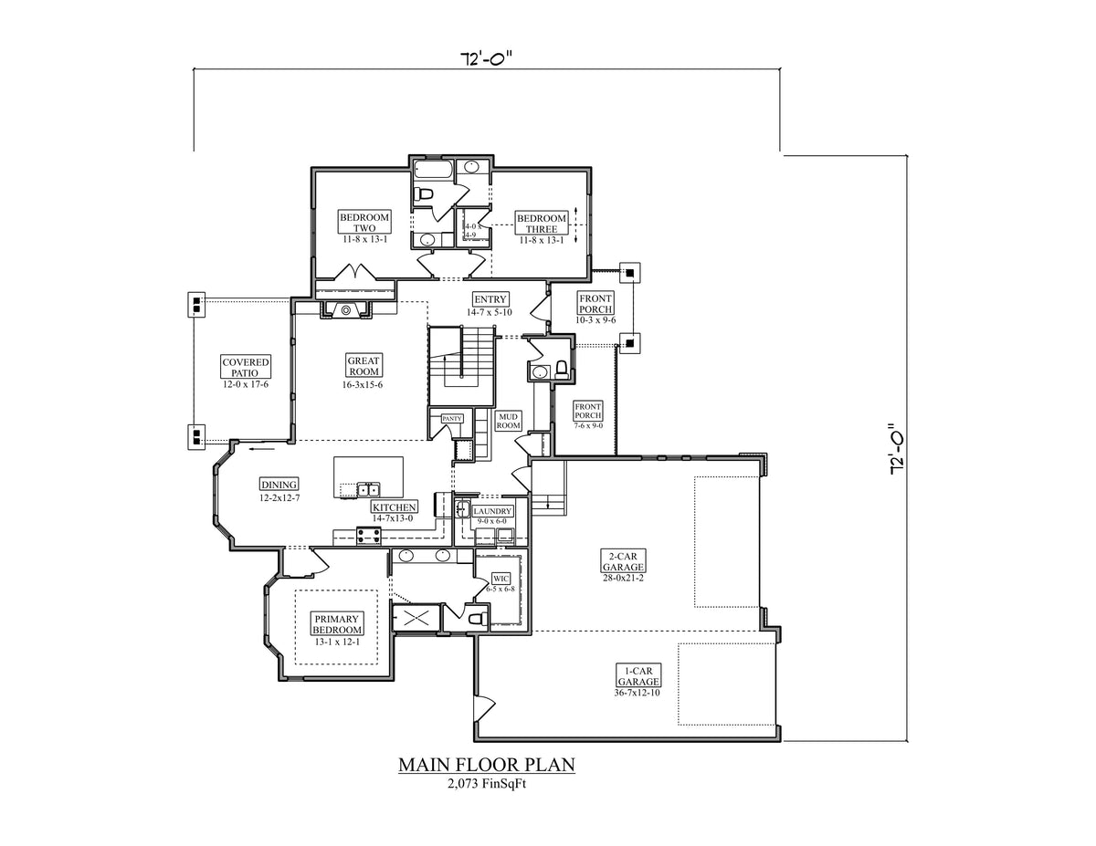 I8369-A Ranch House First Floor Plan, 3 to 4 Bedrooms, 2.5 Bathrooms | Redmill House Plan 