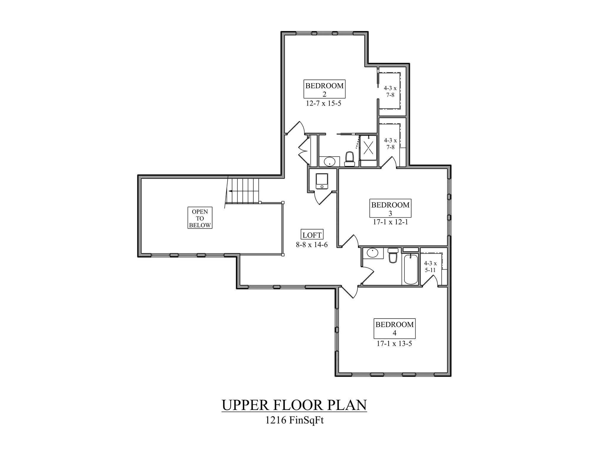 I7633-A Contemporary House Second Floor Plan, 4 Bedrooms, 3.5 Bathrooms | The West Union House Plan
