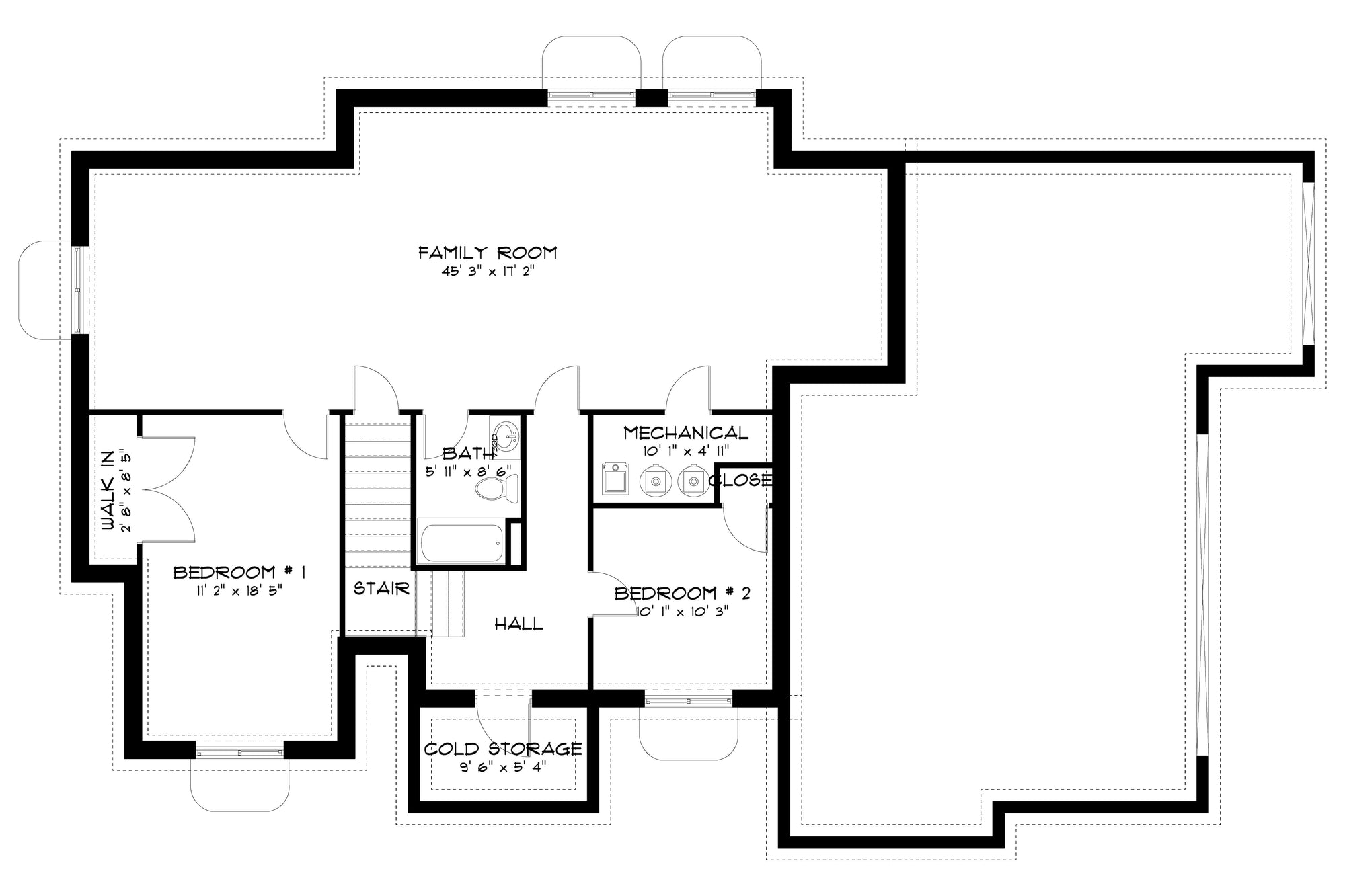 AO7991-A Transitional House Basement Floor Plan, 3 to 5 Bedrooms, 2.5 to 3.5 Bathrooms | Tilo 