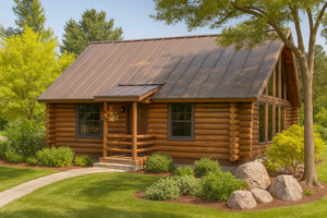 Cozy 1-Bedroom Log Cabin Home Plan with 2-Car Garage – 960 Sq Ft