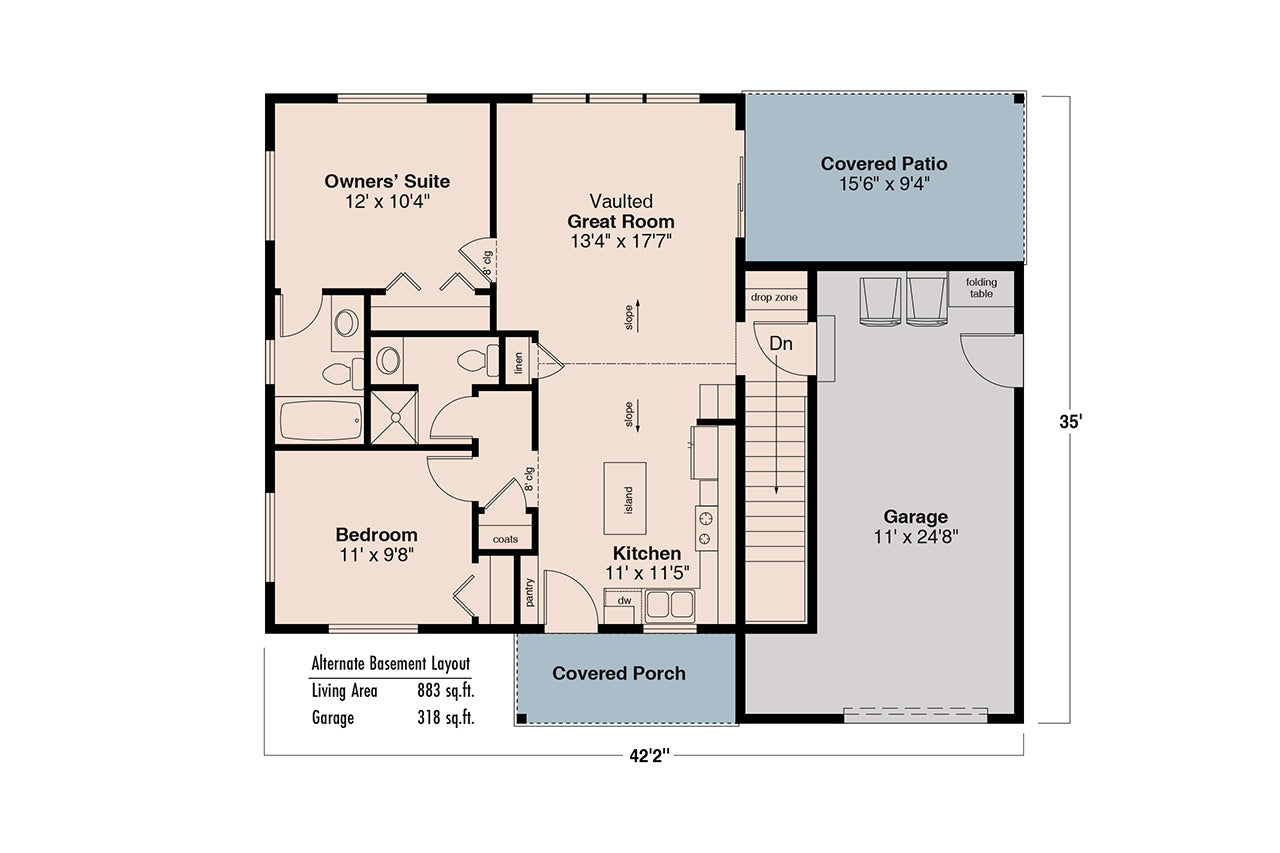 AM8113-A Cottage House Basement Stair Location Floor Plan, 2 Bedrooms, 2 Bathrooms | Pike Cottage House Plan 
