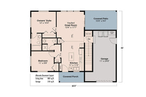 AM8113-A Cottage House Basement Stair Location Floor Plan, 2 Bedrooms, 2 Bathrooms | Pike Cottage House Plan 