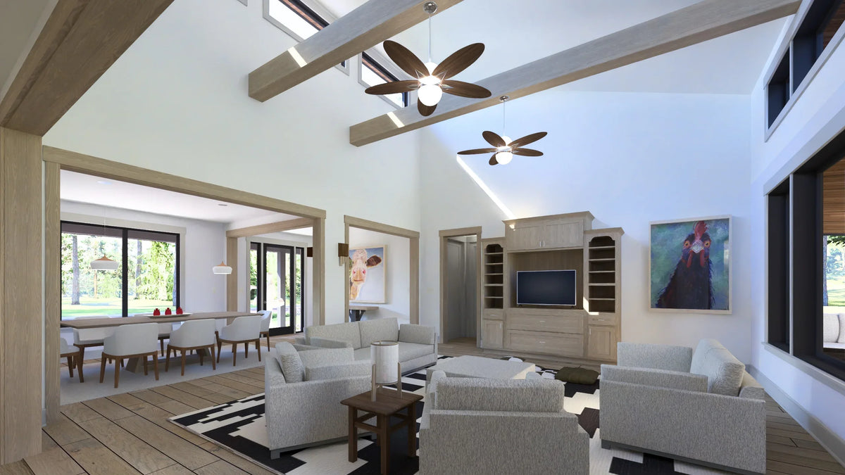W7589-A Modern Ranch House Living Room, 3 Bedrooms, 2.5 Bathrooms | USA-2589-MCM 