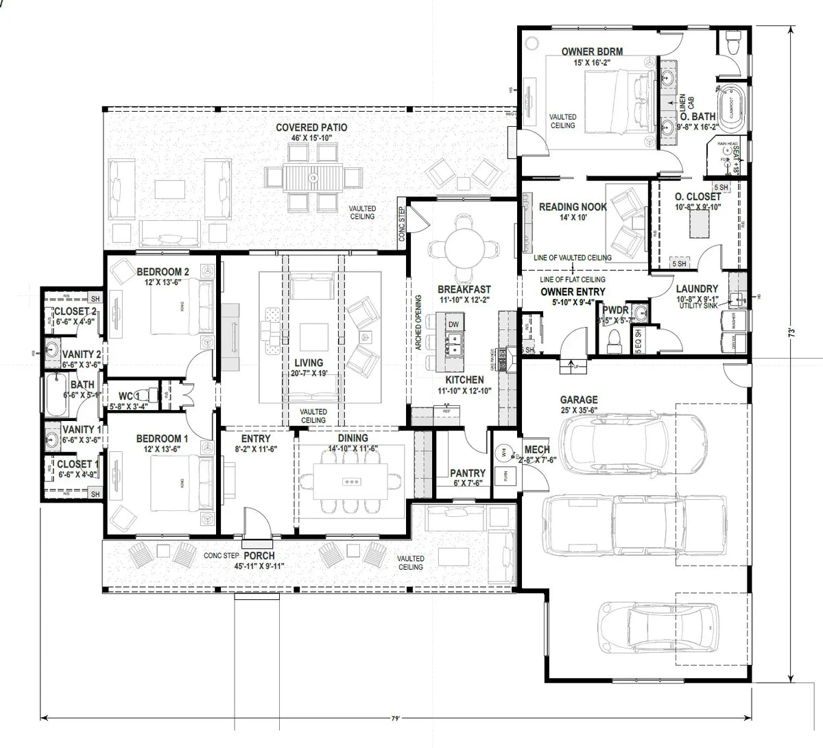 W7589-A Modern Ranch House First Floor Plan, 3 Bedrooms, 2.5 Bathrooms | USA-2589-MCM
