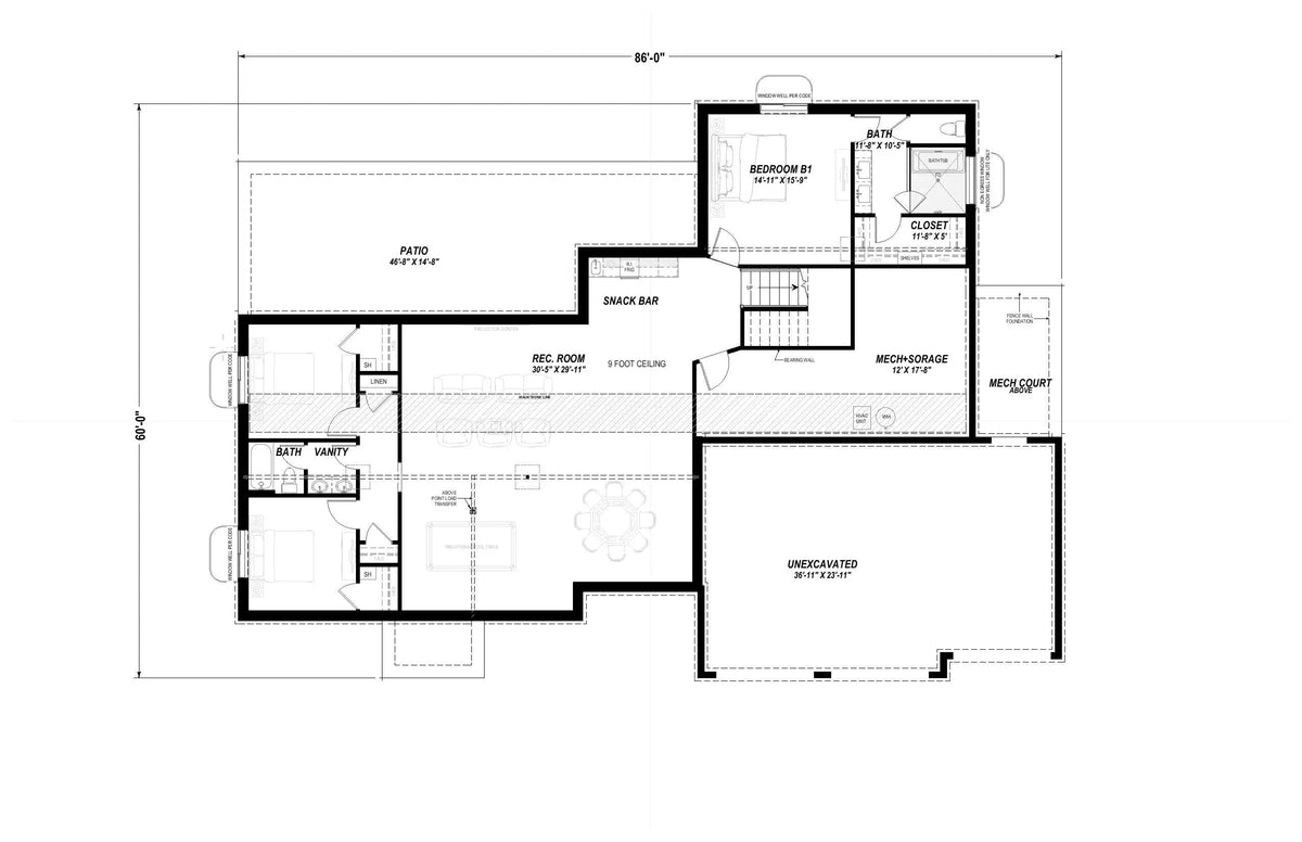 W7579-A Modern Florida-Style House Basement Floor Plan, 3 Bedrooms, 2.5 Bathrooms | USA-2624-FL