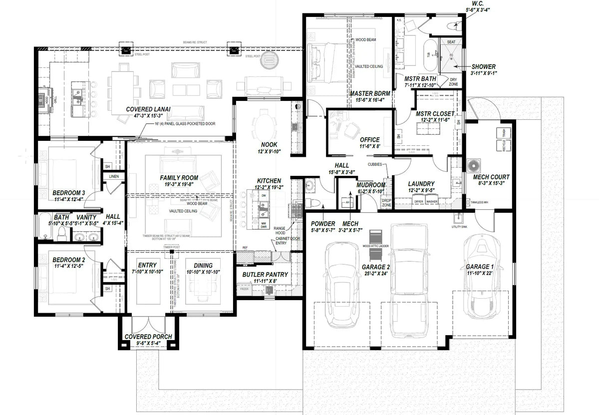 W7579-A Modern Florida-Style House First Floor Plan, 3 Bedrooms, 2.5 Bathrooms | USA-2624-FL