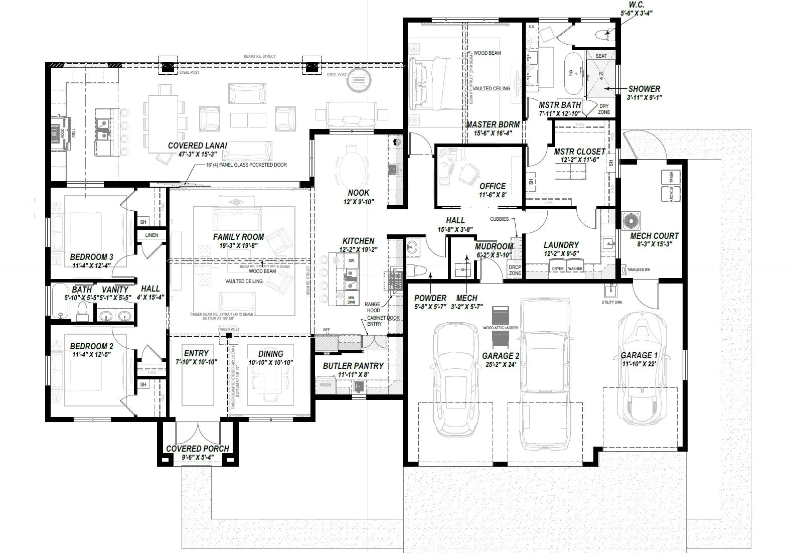W7579-A Modern Florida-Style House First Floor Plan, 3 Bedrooms, 2.5 Bathrooms | USA-2624-FL